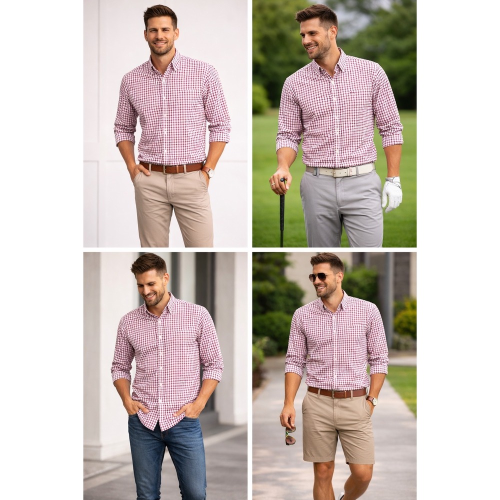 Peter Millar Nanoluxe Easy Care Shirt Mens Large Maroon White Check Button Down